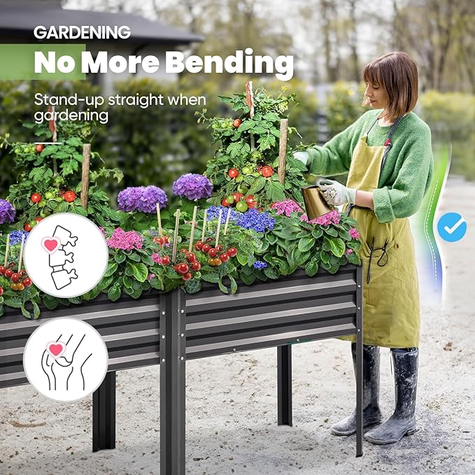 KING BIRD Raised Garden Bed with Irrigation System and Legs Galvanized Elevated Planter Box for Backyard, Patio, Balcony, 600lb Capacity, Dark Grey, 70.9x22.8x31.5 in