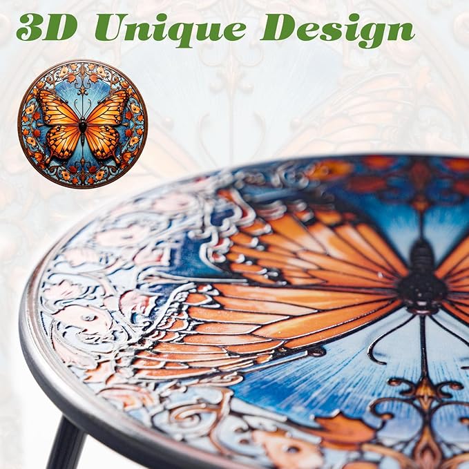 Outdoor Side Table Mosaic Patio Small End Table Metal Coffee Tea Accent Table for Patio Living Room Bedroom Yard Porch Garden (Red Butterfly)