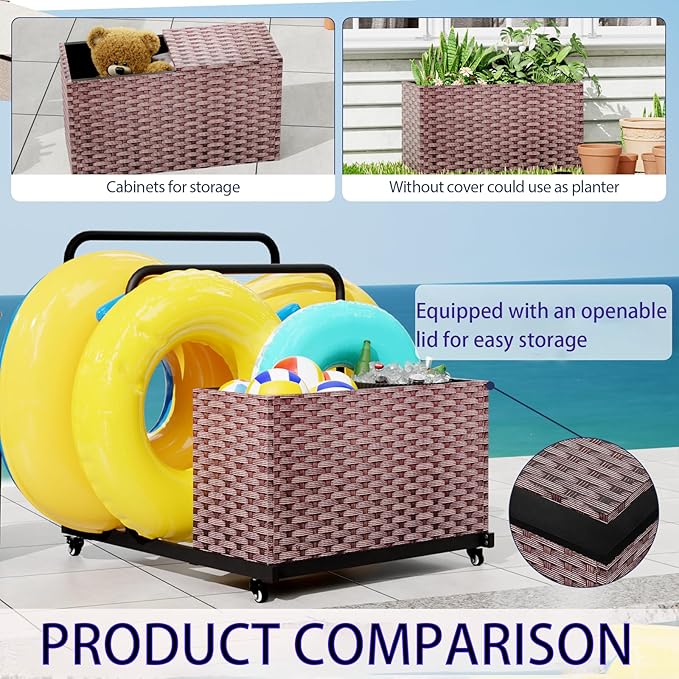 FONTOI Pool Storage, Pool Float Storage Bin with Wheels, Waterproof Metal with Rattan Pattern UV Print Outdoor Pool Towel Rack, All-Weather Float Storage Organizer for Cushions, Brown