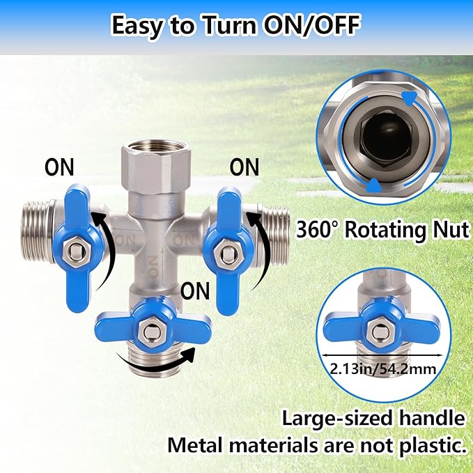 304 Stainless Steel Garden Hose Splitter 3 Way Heavy Duty, Full Flow Hose T Splitter with Long Handle,Lead-free T Valve Water Garden Hose Adapter,3/4" GHT Threads