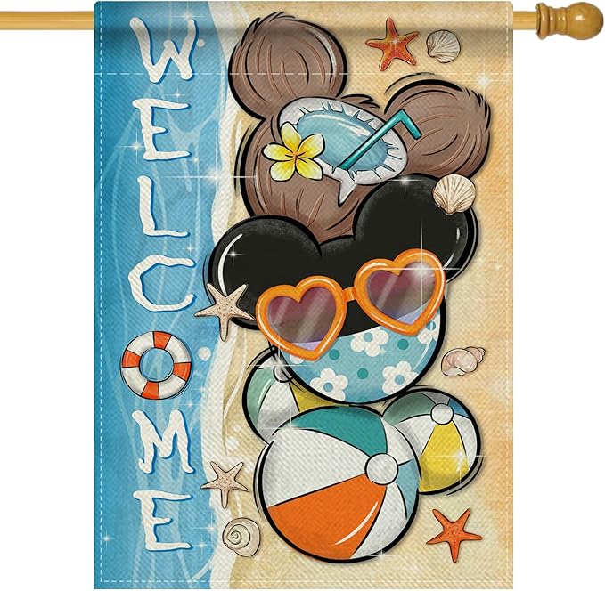 Welcome Summer Decorative House Flag, Beach Coastal Coconut Ball Garden Yard Outside Decorations, Nautical Seasonal Burlap Outdoor Large Home Decor Double Sided 28 x 40