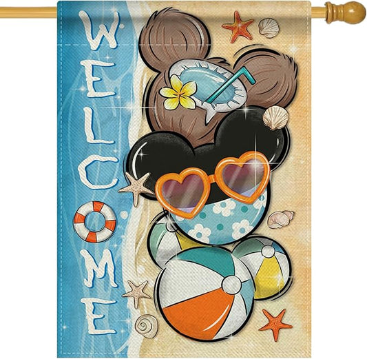 Welcome Summer Decorative House Flag, Beach Coastal Coconut Ball Garden Yard Outside Decorations, Nautical Seasonal Burlap Outdoor Large Home Decor Double Sided 28 x 40