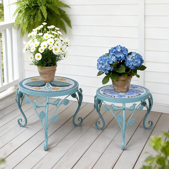 Set of 2 Plant Stand for Indoor Outdoor, Heavy Duty Cast Iron with 10" Ceramic Tile Top Plant Table, Tall Vintage Decorative Plant Rack, Mosaic Flower Pot Holder for Home Garden Porch Yard Patio