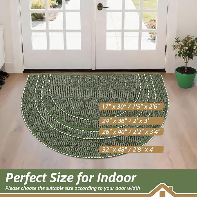BEQHAUSE Dirt Trapper Door Mat 26" x 40" Half Circle Non-Slip Washable Doormats Entrance Rugs Absorbent Welcome Low Profile Floor Mats for Front Back Door and Entryway, Green