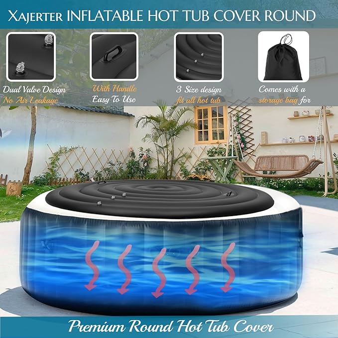 Inflatable Hot Tub Cover Round Replacement, Fit Saluspa Coleman Intex Spa Cover, Insulated Energy-Saving Weatherproof Lid, Unique Design Flexible Adjust Pool Cover Size-Life Time Support