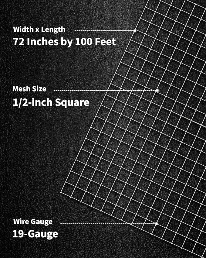 Hardware Cloth 1/2 inch Mesh 72 inch x 100 Foot 19 Gauge, Hot-Dip Galvanized After Welding, Wire Mesh Roll Chicken Wire Fencing Welded Wire Fence Roll