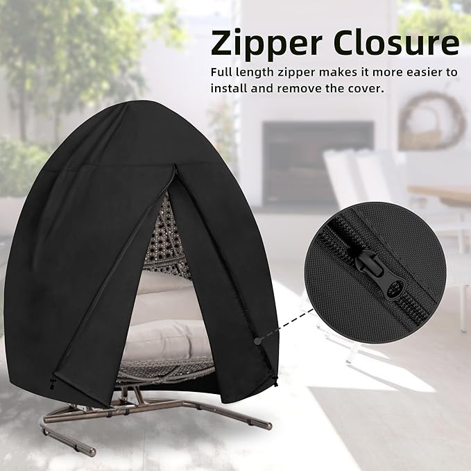 Easy-Going Patio Hanging Egg Chair Cover, UV Resistant Waterproof Outdoor Double Seat Swing Chair Cover with Zipper, Black