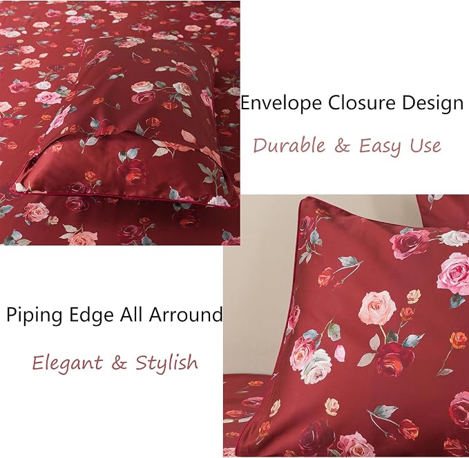 FADFAY Red Rose Sheets Set Full Vintage Rose Floral Bedding Chic Rose Flower Bed Sheets Shabby Farmhouse Bedding 100% Percale Egyptian Cotton 800 Thread Count Deep Pocket Fitted Sheet 4Pcs, Full Size