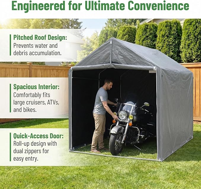 HOTEAGLE Outdoor Storage Portable Shed, 3/4 inch Thick Support Rods & Bolted Frame (Not Socket), Rolled Up Doors and Ventilation Window, Tent Garage 8 x 6 ft