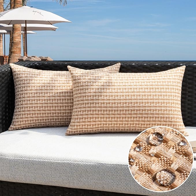 Kevin Textile Outdoor Waterproof Throw Pillow Covers Pack of 2 Farmhouse Decorative Cushion Covers for Garden Patio Tent Balcony Bench Couch Sofa 12x20 Inch, Light Brown