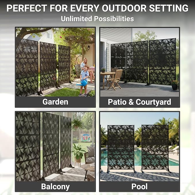 72in Metal Privacy Screen Outdoor Decorative Panel – Freestanding Rustproof Steel Patio Divider for Garden, Backyard, or Balcony, Modern Laser Cut Design for Stylish Privacy & Outdoor Decor