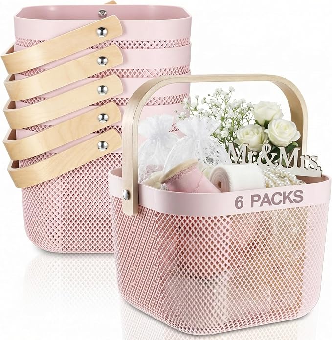 Roshtia 6 Pcs Plastic Mesh Storage Basket with Handle 9.8 x 10.2 x 7.1 Inch Garden Harvest Storage Basket Multi Functional Hanging Organizer for Kitchen Bathroom Picnic Cabinet Home(Pink)