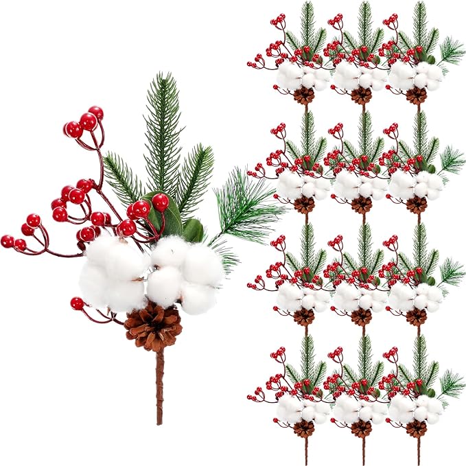 Boao 12 Pieces Pine Snowy Flower Christmas Picks Red Berry Artificial Holly Sprays Picks Fake Berries Pine Cones for Christmas Crafts Party Festive Home Tree Decor 11 Inch Flexible Stems