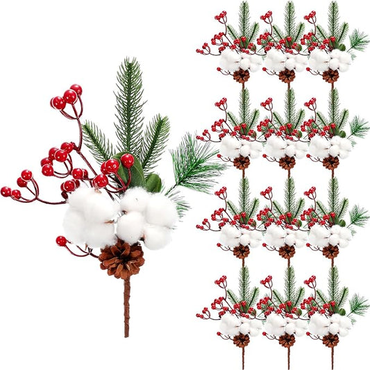 Boao 12 Pieces Pine Snowy Flower Christmas Picks Red Berry Artificial Holly Sprays Picks Fake Berries Pine Cones for Christmas Crafts Party Festive Home Tree Decor 11 Inch Flexible Stems
