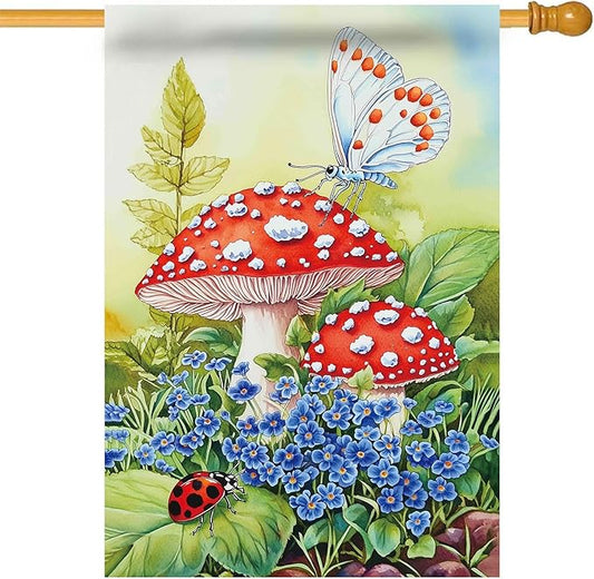 Morigins Welcome Mushroom Spring Garden Flag Double Sided Butterflies and Flower Farmhouse Spring Summer Seasonal Yard Decoration House Flag 28×40 inch