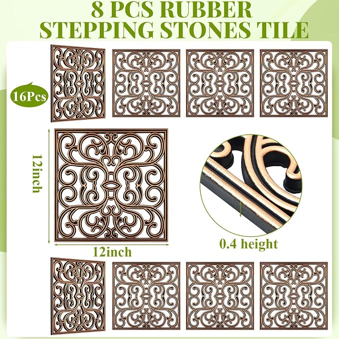 Pangda 8 Pcs Rubber Stepping Stones Outdoor Garden Walkway, 12 x 12 Inch Heavy Duty Pathway Pavers Retro Decorative Stepping Stones for Outside Landscaping Yard Lawn Path (Scroll Square,Copper)