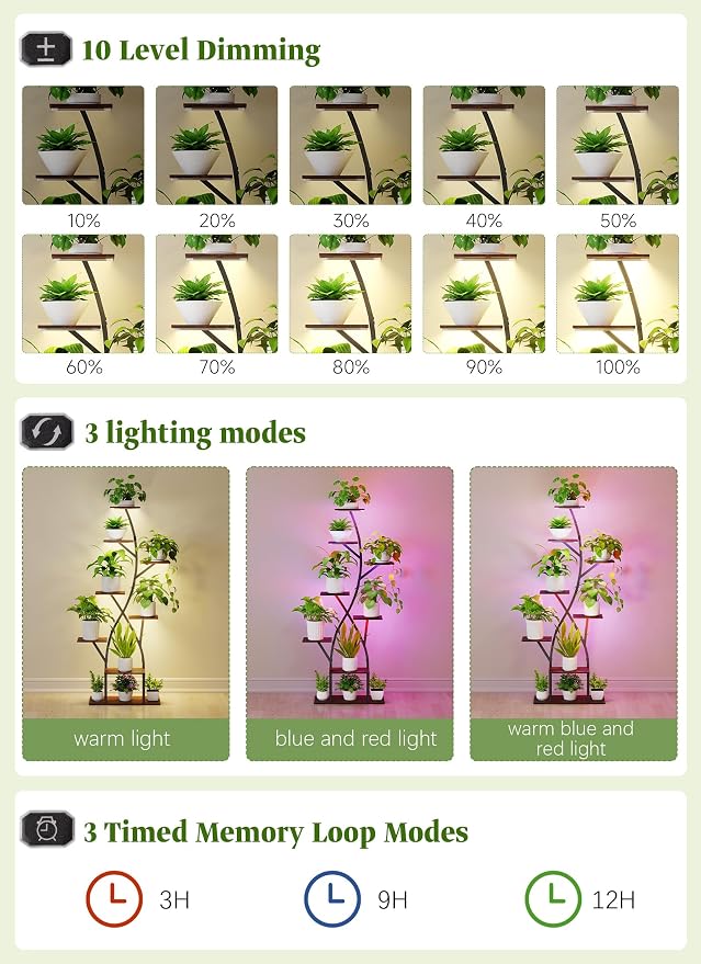 Plant Stand Indoor with Grow Lights 65" Tall Plant Shelf Corner Lighted Plant Stands for Indoor Growing Multiple Metal 8 Tiered Large S-Shape Display Shelves Plant Rack for Home Decor Patio Balcony