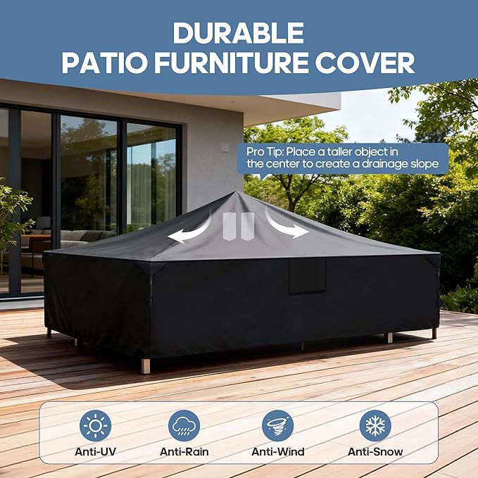 DUMOS Outdoor Furniture Cover, Rectangular Heavy Duty 600D UV Resistant & Waterproof Patio Furniture Covers for Deck Table and Chairs, Backyard Patio Dining Sets, 111"L x 74"W x 28"H, Black
