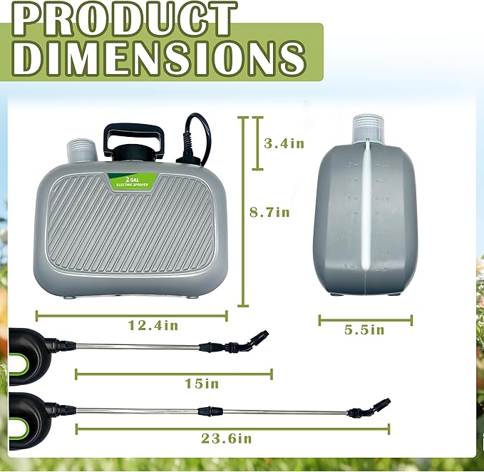 2 Gallon Battery Powered Sprayer, Covers 4,500 Sq Ft per Tank – Electric Sprayer with 3 Interchangeable Nozzles, Handle with Digital Battery Display, for Lawn, Garden & Outdoor Cleaning – Gray