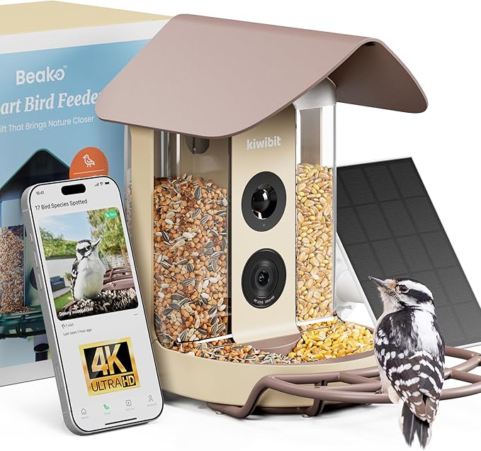 Kiwibit Smart Bird Feeder 4K AI Camera with Solar Panel for Outdoors, Bird Species Identification, 8MP Photo, 4K Video Livestream, Real-Time Bird Alert, Birdwatching Gifts for Bird Lover, Autumn Clay