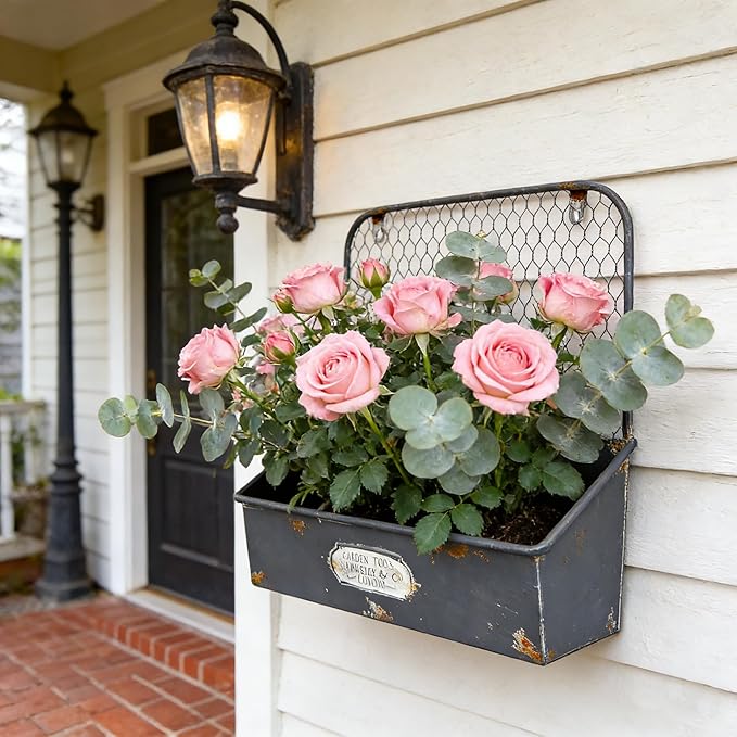 Vintage Blue Metal Hanging Flower Pot, Rustic Wall Planter with 3 Compartments, Farmhouse Plants Holder for Succulents Tubs, Garden Railing Fence Patio Yard Outdoor Decor