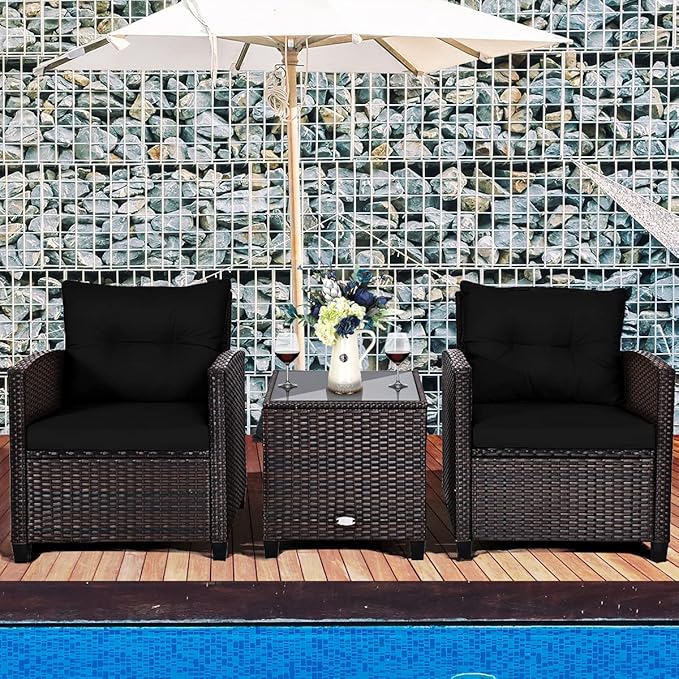 COSTWAY 3PCS Patio Furniture Set, PE Rattan Wicker Sofa w/Washable Cushion and Coffee Table, Tempered Glass Tabletop, Outdoor Conversation Set for Balcony, Porch, Yard, Backyard, Lawn, Black