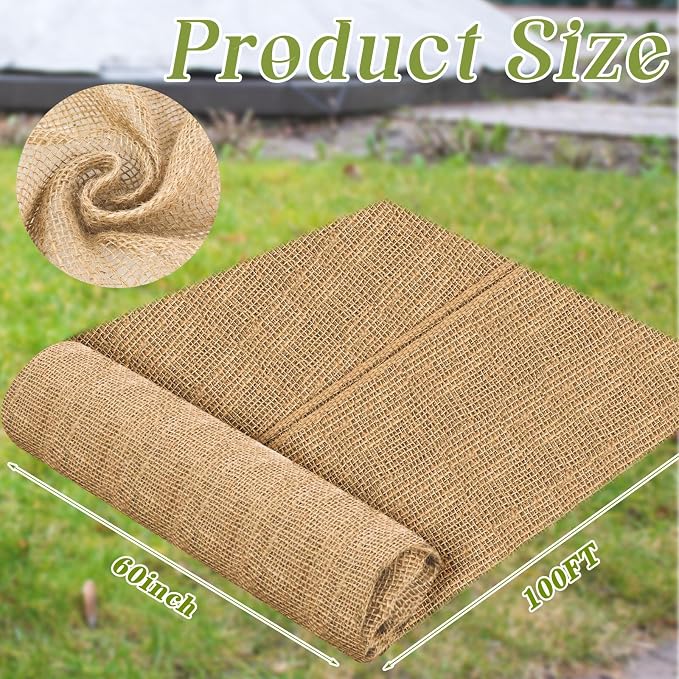Buryeah 60 Inch x 100 ft Burlap Fabrics Roll Natural Burlap Garden Multipurpose Weed Barrier Garden Landscape Blankets Cloth Weed Barrier Fabric Jute for Outdoor Home Craft Shrubs Party Decor