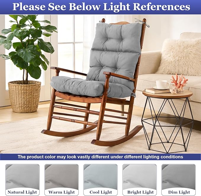 Rocking Chair Cushion, Waterproof and Fade-Resistant Adirondack Rocker Cushions, Indoor/Outdoor Rocking Chair Pads, High Back Memory Foam Patio Furniture Cushions with Ties, 44x23x4 Inch, Light Grey