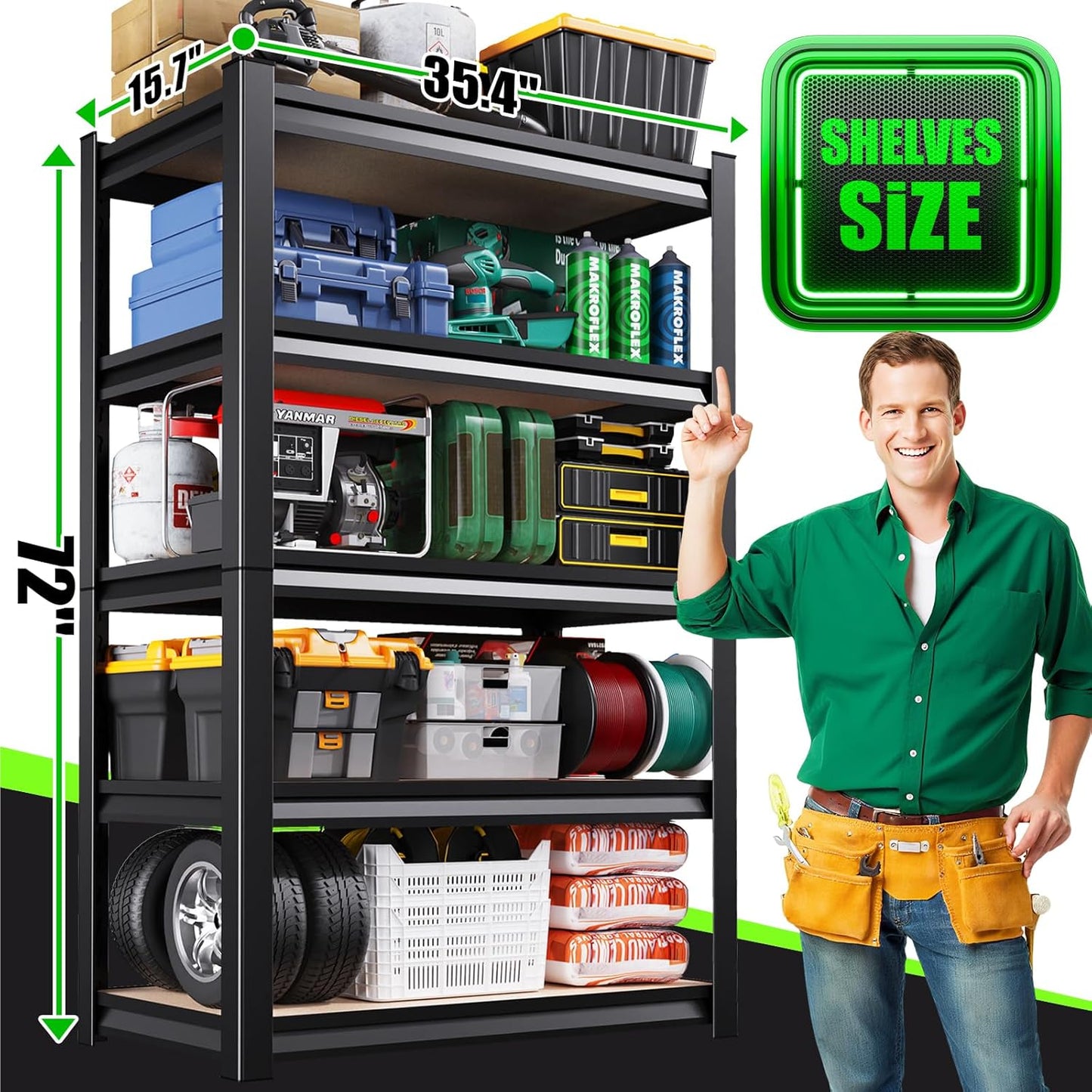 72”H Garage Shelving 5 Tier Storage Shelves Adjustable Garage Storage Shelves Wood Shelf 2000LBS Heavy Duty Industrial Shelving Unit Utility Shelf Wood Storage Rack,35.4''W×15.7''D×72''H