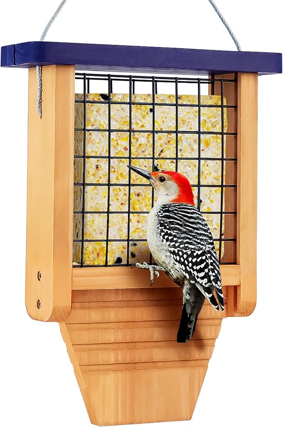 Gbekery Wooden Suet Bird Feeder for Outside Hanging, Woodpecker Suet Feeder with Tail Prop, Hanging Bird Feeder for Wild Birds, 1 Pack, Blue