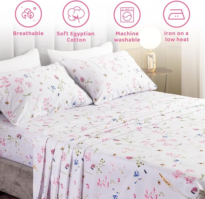 QSH Floral Bed Sheets Set Queen Size - Shabby Flower Bee Print Bed Sheet Set - Extra Soft and Breathable 100% Egyptian Cotton - 4 pcs Deep Pockets Flower Bed Sheets Queen Size Sets