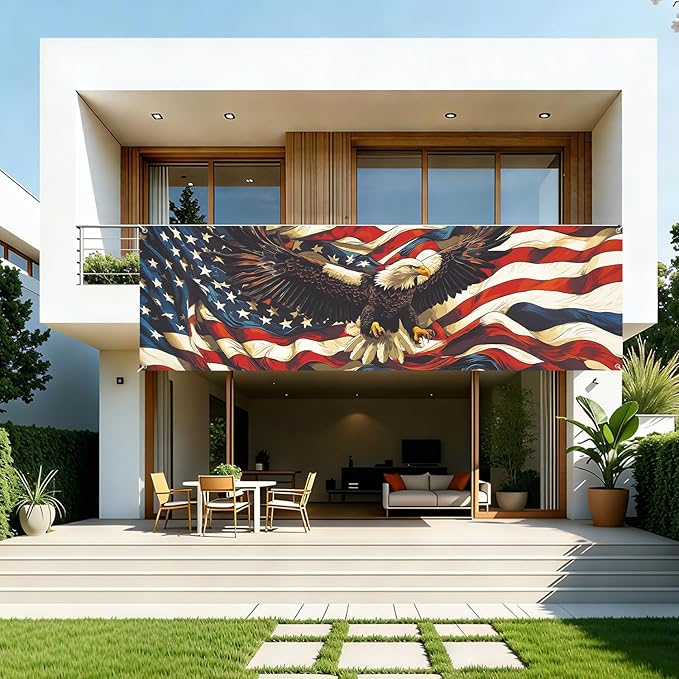 American Flag Eagle Fence Banner 118 x 35 Inch, Large Waterproof Outdoor Patriotic USA Banner with Bald Eagle for Yard Porch Fence 4th of July Independence Day Decorations