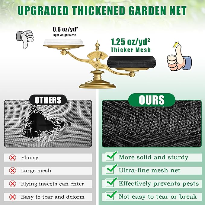 10 X 50 FT Thicker Garden Mesh Netting Pest Barrier for Raised Beds, Black Fruit Tree Netting for Cicadas, Bird Insect Blueberry Bush Strawberry Netting Cover for Garden Protection, Shading Rate 30%
