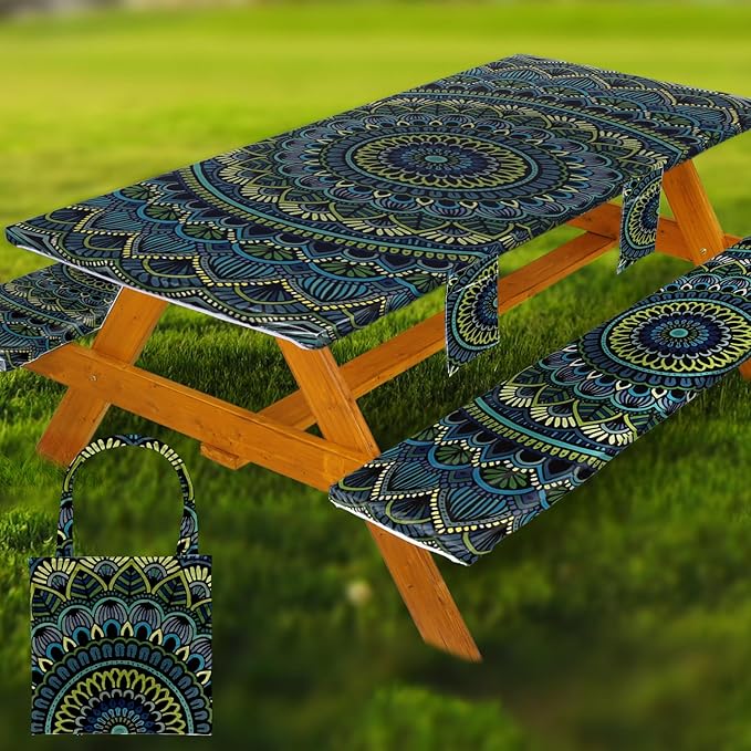Picnic Table Cover with Bench Covers Vinyl Elastic Edges Fitted Rectangle Seat Tables Waterproof 3-Piece96X30in Set Outdoor Rectangular Folding Backing Tablecloth for Camping Over Size