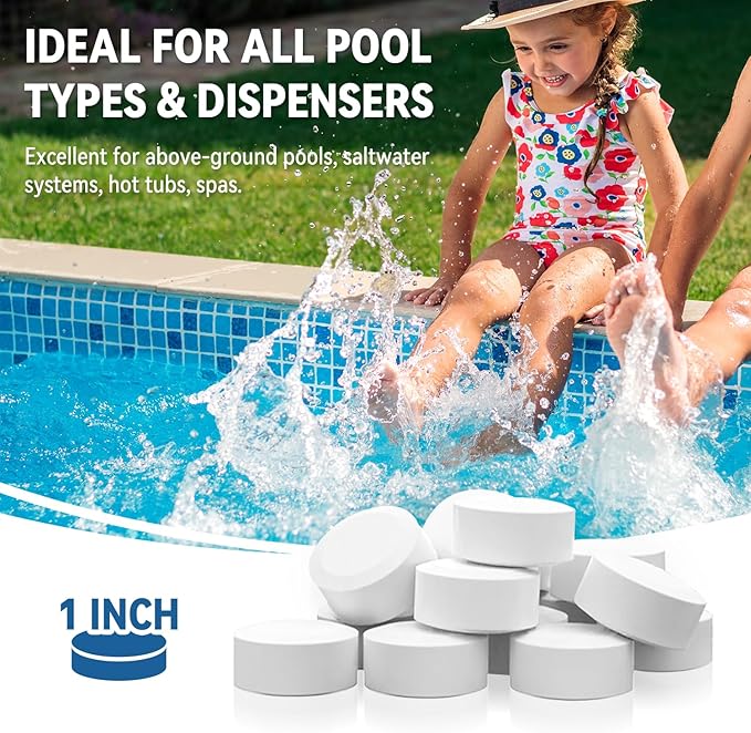 1 Inch Chlorine Tablets for Pools & Spas, 5 LB – Slow Dissolving Stabilized Trichlor Tabs with 90% Available Chlorine for Hot Tubs, Above-Ground & In-Ground Pools