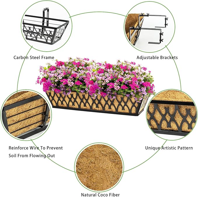 4 Pack 16 Inch Window Boxes Planters Railing Planter Box with Adjustable Brackets for Porch Fence Patio Balcony Hanging Flower Baskets with Coco Liners for Outdoor Garden Decor - Black