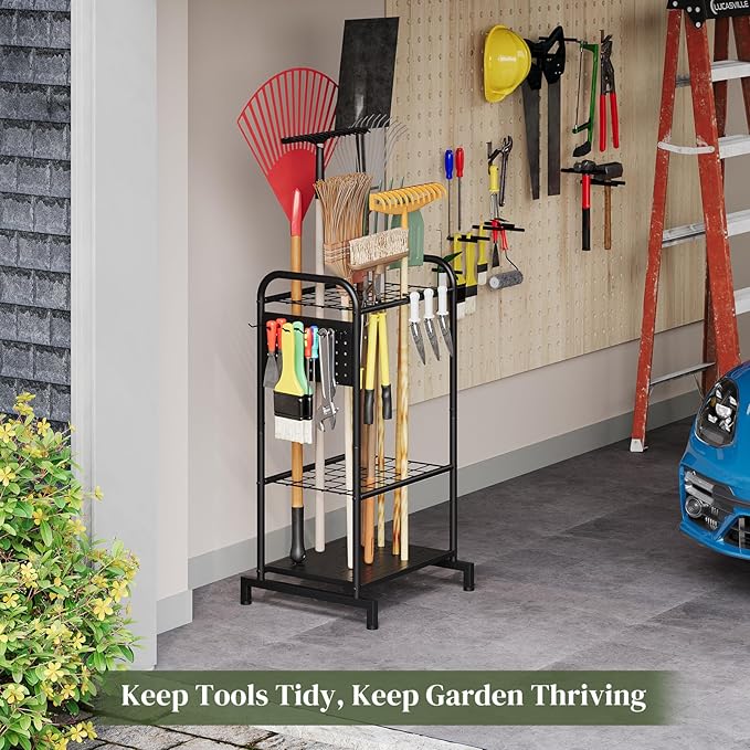 Garden Tools Organizer Rack, Yard Tool Rack, Heavy Duty Steel Yard Tool Organizer and Storage Holder Broom Holder for Shed, Patio, Outdoor (Rack with Hooks)