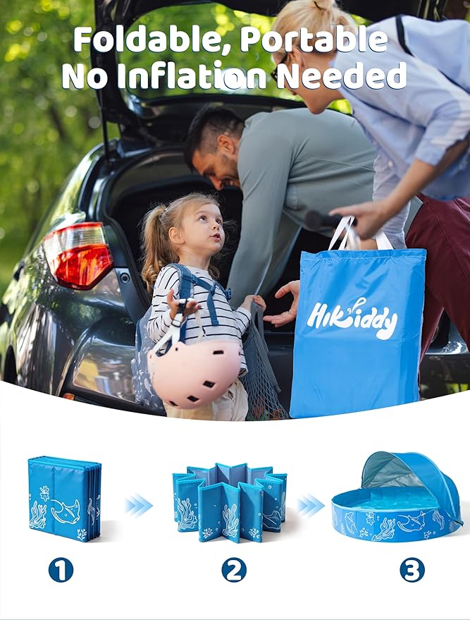 Hikiddy Foldable Kiddie Pool with Canopy: 31.5in/ 47in /63in for Baby Toddler Kids Family - Summer Water Play Pool with Shade - Portable for Outdoor Backyard Beach (Blue-Blue, 63in)