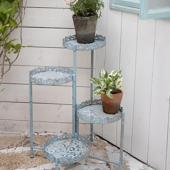4 Tier Vintage Corner Plant Stand for Indoor Outdoor Distressed Metal Flower Pot Holder Shelves with Ornate Cutout Edges Multi-Level Planter Rack Display Corner Shelf Antique Foldable Tall Plant Shelf for Patio Porch Garden Balcony Living Room (Blue)