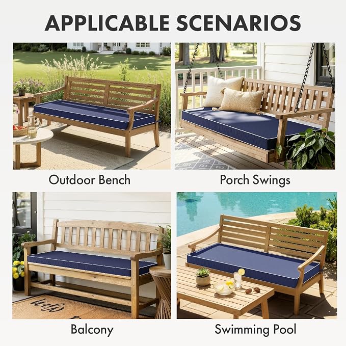 MIULEE Navy Outdoor Bench Cushion 59x18x3 Inch Waterproof 3-Year Color Fastness Patio Furniture Cushions for Porch Swing, Garden Bench Sofa Couch with Adjustable Ties No Slip Design