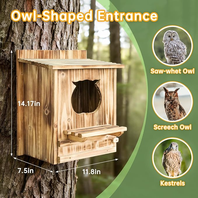 Owl House Bird House for Outside - 14.2×12×7.5 Inch Screech Owl Nesting Box, Owl-Shaped Entrance, Wooden Bird Box, Easy to Install, Ideal for Backyard Birding & Wildlife | Owl-Shaped Entrance, Wooden Bird Box, Easy to Install, Ideal For Backyard Birdin...