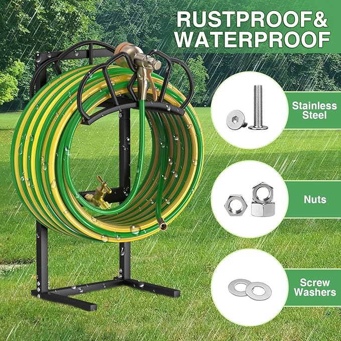 Qatsrin Garden Hose Holder with Faucet, Super Stable Water Hose Holder Stand Holds 160-Feet Hoses, Freestanding Detachable Hose Storage Hanger Reels Rack for Yard Lawn Farm