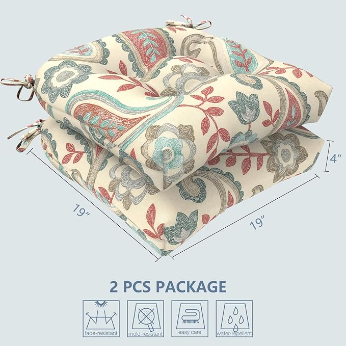 LVTXIII Outdoor/Indoor Tufted Seat Cushion, Decorative Wicker Chair Pads All Weather Seat Cushion Sets for Patio Garden Home Office Furniture, 19"x19"x4", Round Back, Pack of 2, Paisley Vintage