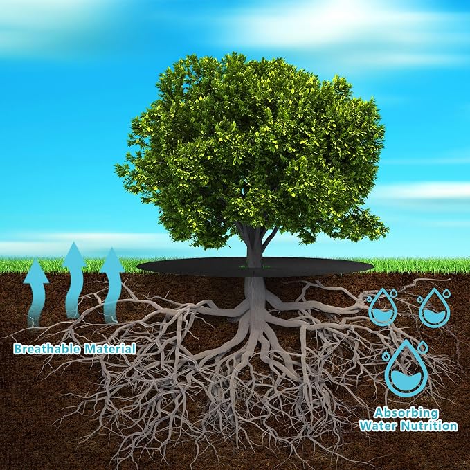 Whaline 32.2 Inch Non-Woven Tree Mulch Ring Thickened Tree Protector Mat with 12 Staples Stakes Reusable Anti Grass Fabric Weed Barrier for Garden Landscape Weed Control Root Protection, 8 Pcs