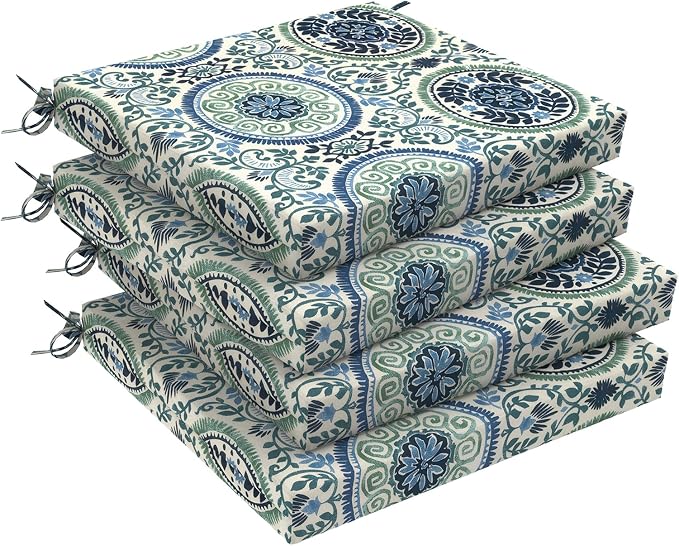 DYTXIII Set of 4 Outdoor Chair Cushions, Water Resistant 18.5"x16"x2" Square Seat Cushion for Patio Dining Chairs, High-Density Replacement Pads for Indoor Outdoor Furniture - Wreath Blue