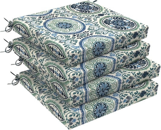 DYTXIII Set of 4 Outdoor Chair Cushions, Water Resistant 18.5"x16"x2" Square Seat Cushion for Patio Dining Chairs, High-Density Replacement Pads for Indoor Outdoor Furniture - Wreath Blue