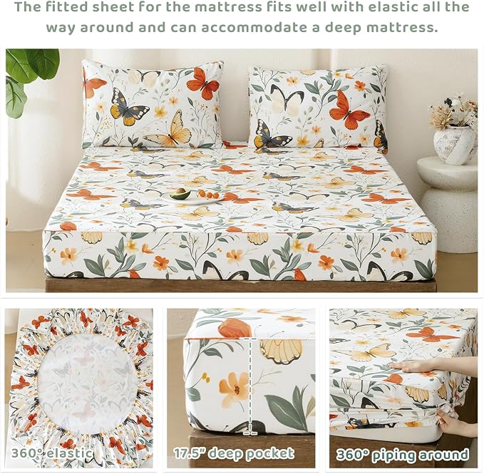 QSH Green Floral Sheets Queen Size,100% Egyptian Cotton Sheets Queen Rosemary Flowers Butterfly Botanical Pattern Printed Bedding Sheet Extra Soft and Breathable 17.5" Deep Pockets Bed Sheet 4PCs