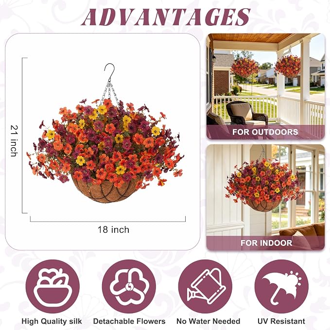 Fake Mums Artificial Fall Flowers with Hanging Baskets Outdoors for Decoration Faux mums for outdoor planters Daisy Flower with Eucalyptus Leaves for Porch Home Patio Balcony and Yard Autumn Decor