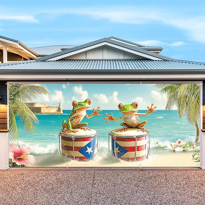 6 * 13FT Summer Puerto Rico Garage Door Cover Decorations Sunset Palm Trees Garage Door Banner for Outdoor Indoor Summer Party Photography Backdrop
