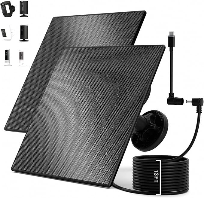 2 Pack Solar Panel Charger for Ring Security Cameras, Works with Spotlight/Stick Up Cam (Plus/Pro/Battery Models), 5W, 13ft Long Cable, USB-C Adapter, Weatherproof Design
